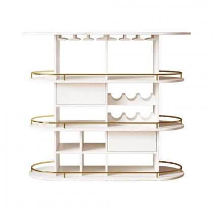HMR - 47" White Oval Bar Table with Wine Rack Glass Holder Liquor Tier Storage 2-Drawer