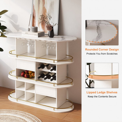 HMR - 47" White Oval Bar Table with Wine Rack Glass Holder Liquor Tier Storage 2-Drawer