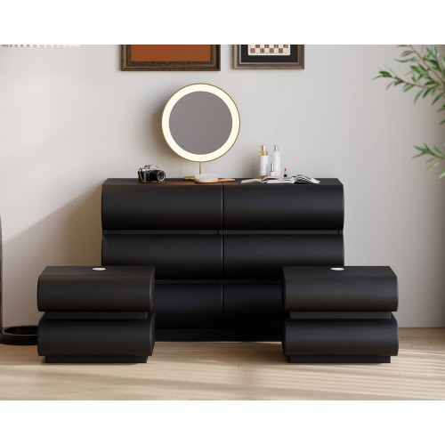 HMR Humply Leather 6-Drawer Dresser & 2 Smart Nightstands Set - Black