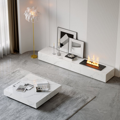 HMR 39" Square Sintered Stone Block Coffee Table With Wood Base - White
