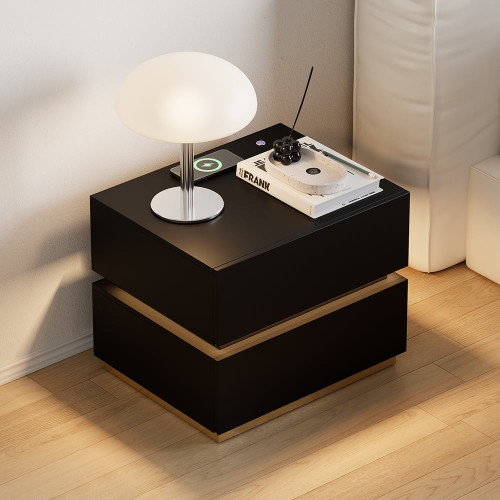 HMR Nightstand with Light & Charging Station - Black, 2 Drawers, Set Of 2