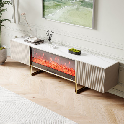 HMR Grovyn Sintered Stone Top Fluted TV Stand with Storage - Off White, 86.6"W x 17.7"D x 23.6"H, With Fireplace
