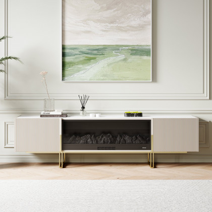 HMR Grovyn Sintered Stone Top Fluted TV Stand with Storage - Off White, 86.6"W x 17.7"D x 23.6"H, With Fireplace