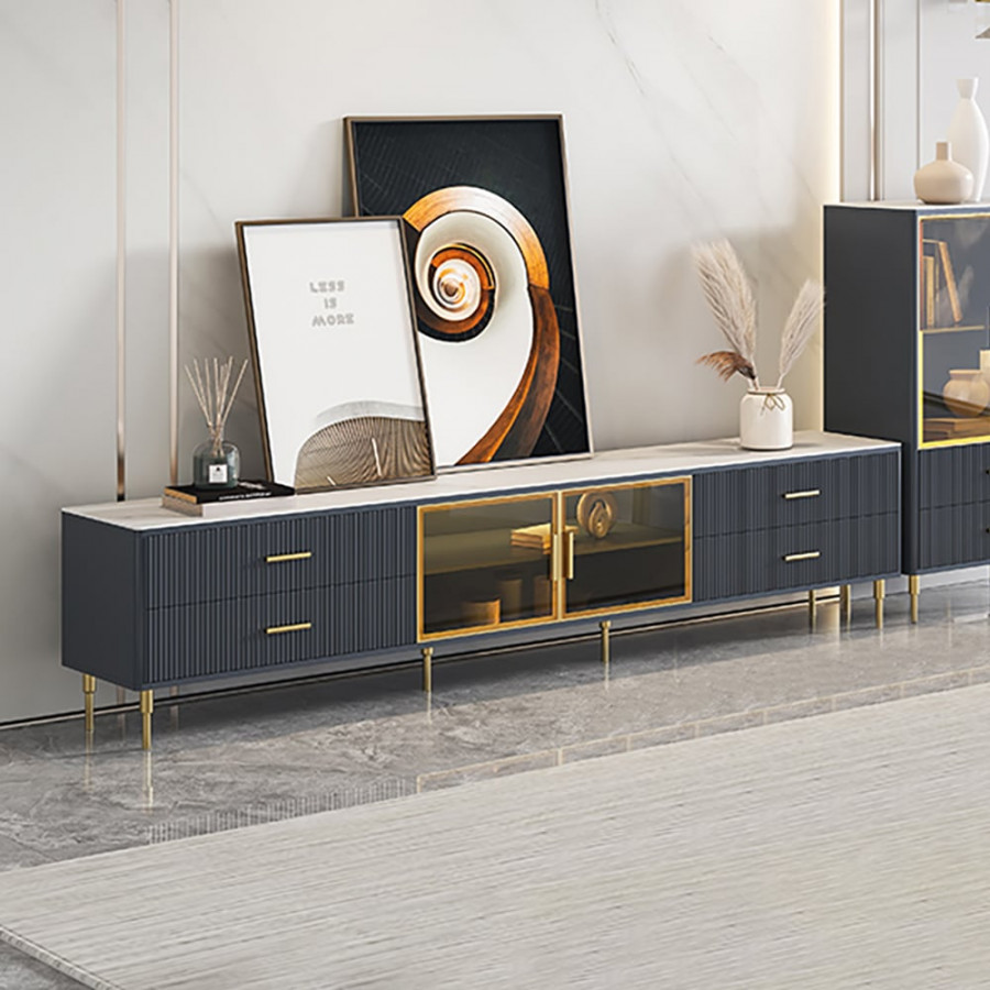 HMR - Cofab 78.7" TV Stand with Drawers & Shelves Deep Blue Media Console with Glass Doors