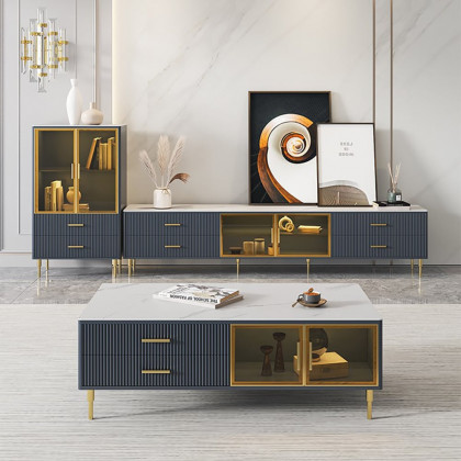 HMR - Cofab 78.7" TV Stand with Drawers & Shelves Deep Blue Media Console with Glass Doors
