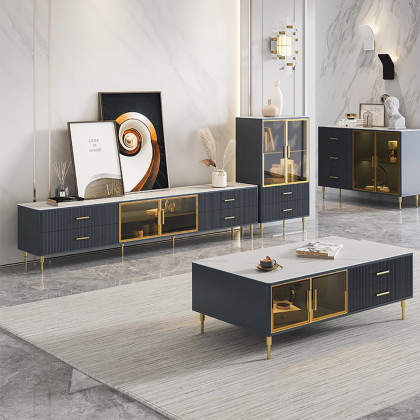 HMR - Cofab 78.7" TV Stand with Drawers & Shelves Deep Blue Media Console with Glass Doors