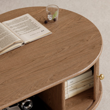 HMR Stria Ash Wood Fluted Coffee Table with Storage - Walnut, Oval, 47.2"W x 23.6"D x 15.7"H