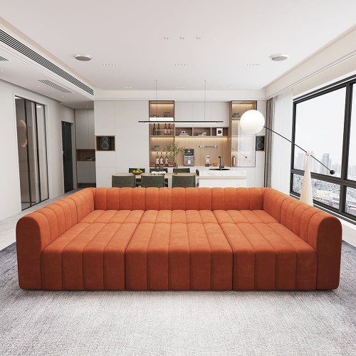 HMR 118.9" Modular Pit Sectional Sofa Set Convertible 6-Seater - Orange, Velvet