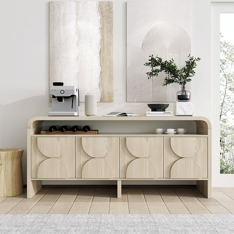 HMR - 71" Wood Sideboard Buffet Japandi Distressed White Credenza with Shelves & 4 Doors