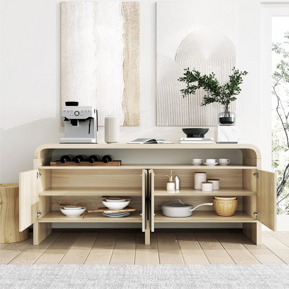 HMR - 71" Wood Sideboard Buffet Japandi Distressed White Credenza with Shelves & 4 Doors