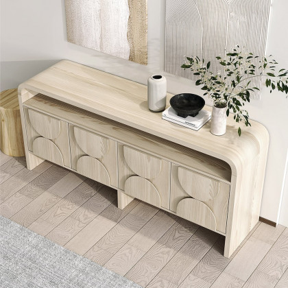 HMR - 71" Wood Sideboard Buffet Japandi Distressed White Credenza with Shelves & 4 Doors