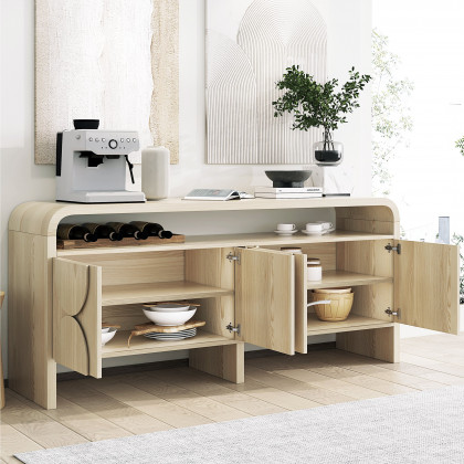 HMR - 71" Wood Sideboard Buffet Japandi Distressed White Credenza with Shelves & 4 Doors