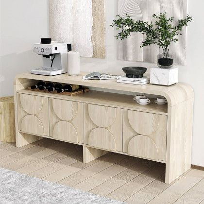 HMR - 71" Wood Sideboard Buffet Japandi Distressed White Credenza with Shelves & 4 Doors