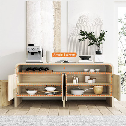 HMR - 71" Wood Sideboard Buffet Japandi Distressed White Credenza with Shelves & 4 Doors