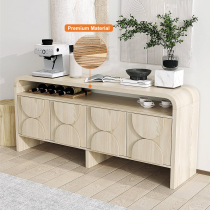 HMR - 71" Wood Sideboard Buffet Japandi Distressed White Credenza with Shelves & 4 Doors