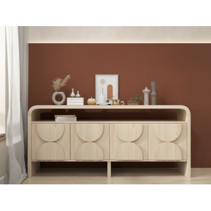 HMR - 71" Wood Sideboard Buffet Japandi Distressed White Credenza with Shelves & 4 Doors