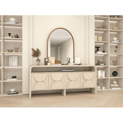 HMR - 71" Wood Sideboard Buffet Japandi Distressed White Credenza with Shelves & 4 Doors