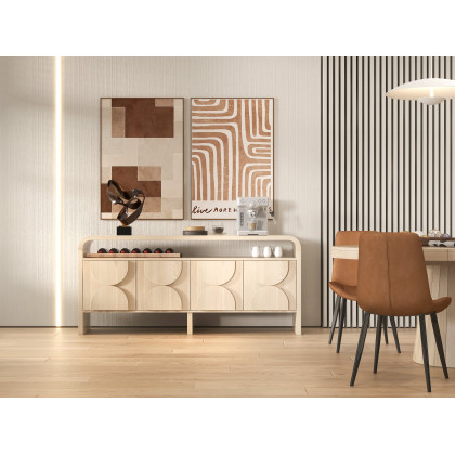 HMR - 71" Wood Sideboard Buffet Japandi Distressed White Credenza with Shelves & 4 Doors