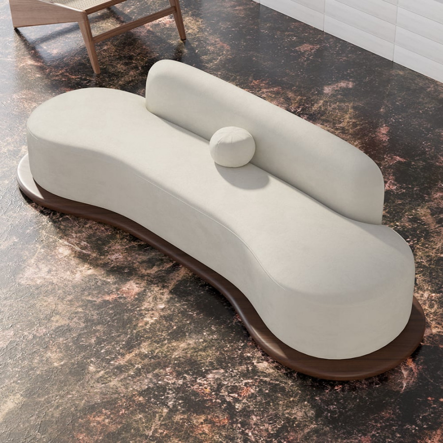 HMR - 110" Modern White Velvet 5 Seaters Curved Sofa with Low Back Wooden Base