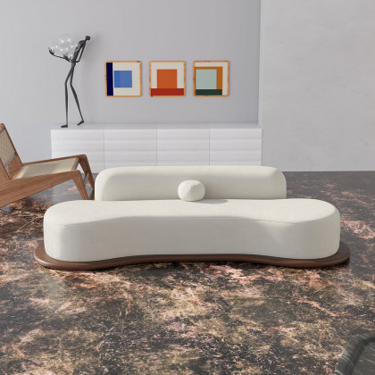 HMR - 110" Modern White Velvet 5 Seaters Curved Sofa with Low Back Wooden Base