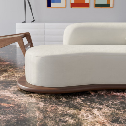 HMR - 110" Modern White Velvet 5 Seaters Curved Sofa with Low Back Wooden Base
