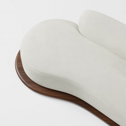 HMR - 110" Modern White Velvet 5 Seaters Curved Sofa with Low Back Wooden Base