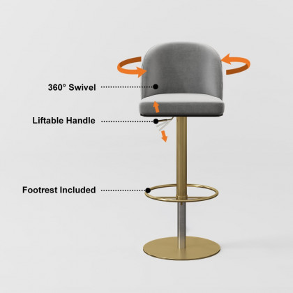 HMR - Modern Adjustable Swivel Velvet Bar Stools or Counter Stools with Upholstery Gray