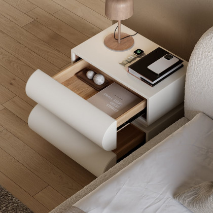 HMR - White Boucle Upholstered Platform Bubble King Bed Frame & 2 Smart Nightstands Set