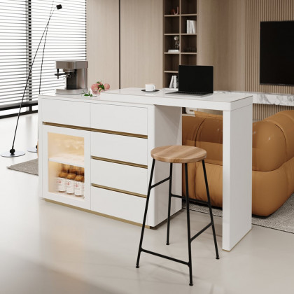 HMR - 45"-71" Extendable Sofa Bar Table Sintered Stone White Cabinet Behind Couch Pub Table