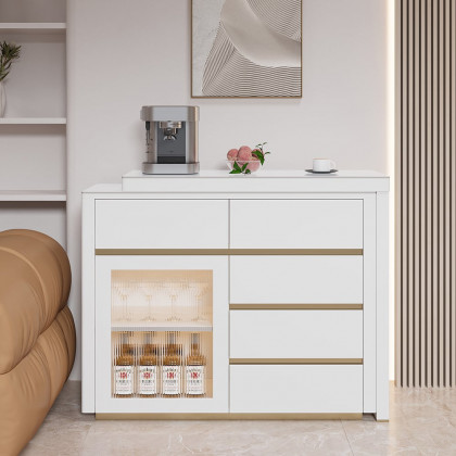 HMR - 45"-71" Extendable Sofa Bar Table Sintered Stone White Cabinet Behind Couch Pub Table