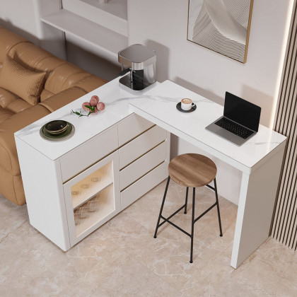 HMR - 45"-71" Extendable Sofa Bar Table Sintered Stone White Cabinet Behind Couch Pub Table