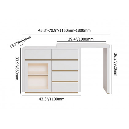 HMR - 45"-71" Extendable Sofa Bar Table Sintered Stone White Cabinet Behind Couch Pub Table