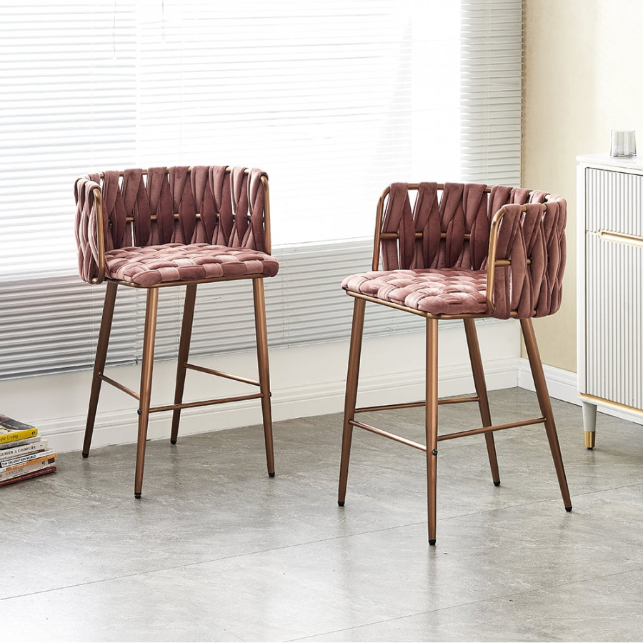 HMR - Modern Pink Velvet Counter Stools Set of 2 with Back & Footrest & Gold Frame