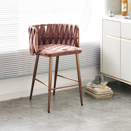 HMR - Modern Pink Velvet Counter Stools Set of 2 with Back & Footrest & Gold Frame