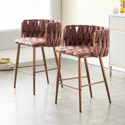 HMR - Modern Pink Velvet Counter Stools Set of 2 with Back & Footrest & Gold Frame