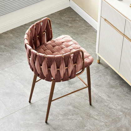 HMR - Modern Pink Velvet Counter Stools Set of 2 with Back & Footrest & Gold Frame