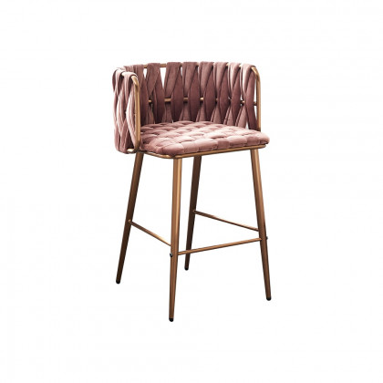 HMR - Modern Pink Velvet Counter Stools Set of 2 with Back & Footrest & Gold Frame