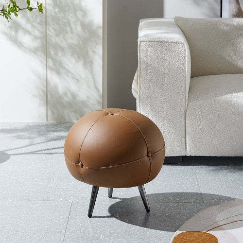 HMR - 17.7" Dia Modern Round Buttoned Faux Leather Pouf Ottoman Upholstered Footstool in Brown