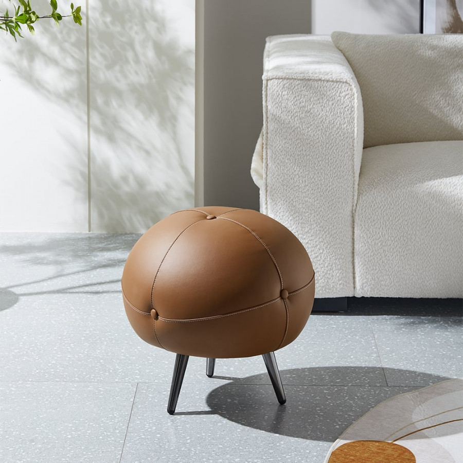 HMR - 17.7" Dia Modern Round Buttoned Faux Leather Pouf Ottoman Upholstered Footstool in Brown