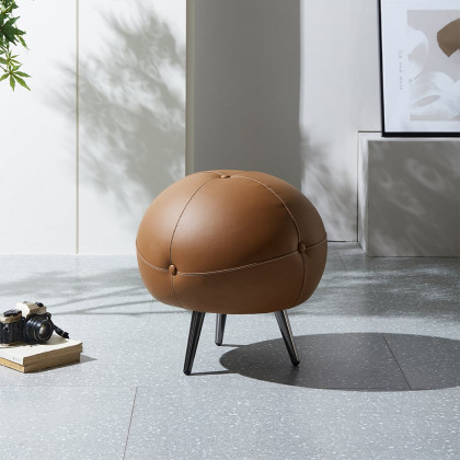 HMR - 17.7" Dia Modern Round Buttoned Faux Leather Pouf Ottoman Upholstered Footstool in Brown