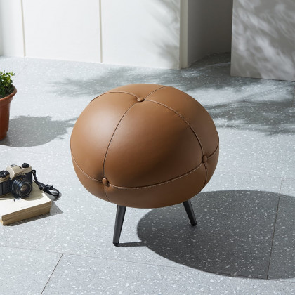 HMR - 17.7" Dia Modern Round Buttoned Faux Leather Pouf Ottoman Upholstered Footstool in Brown