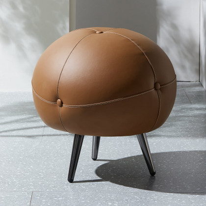 HMR - 17.7" Dia Modern Round Buttoned Faux Leather Pouf Ottoman Upholstered Footstool in Brown