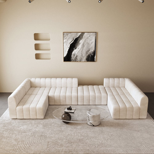 HMR 118.9" Modular Pit Sectional Sofa Set Convertible 6-Seater - Off White, Velvet