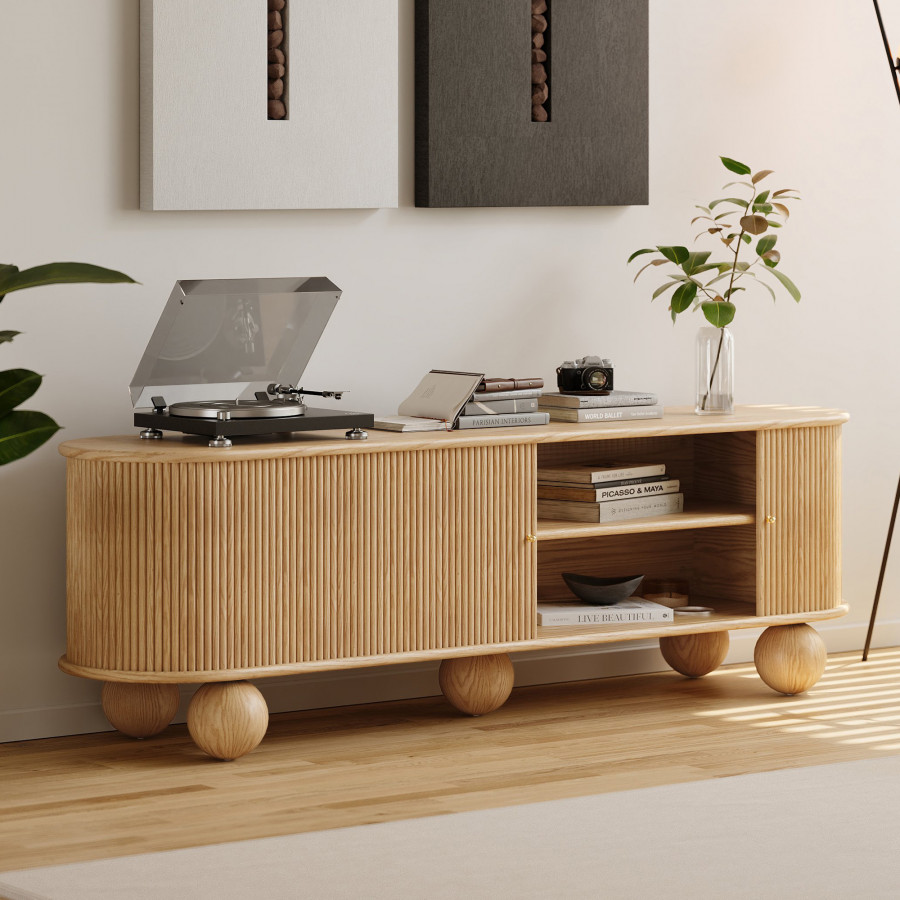 HMR - Stria 71" Oval Ash Wood Fluted TV Stand with Storage