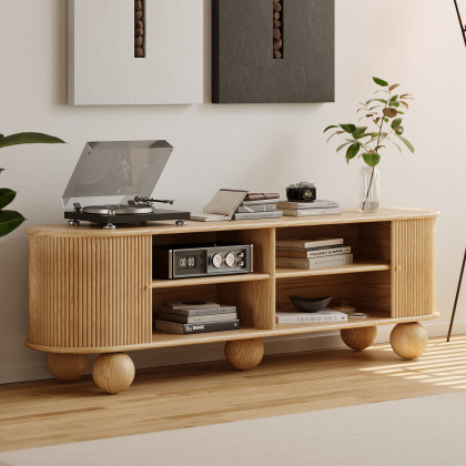 HMR - Stria 71" Oval Ash Wood Fluted TV Stand with Storage