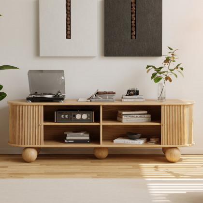 HMR - Stria 71" Oval Ash Wood Fluted TV Stand with Storage