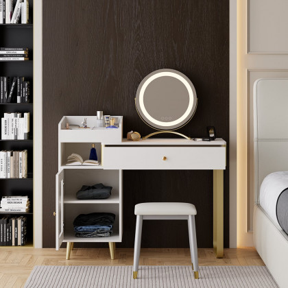 HMR - Modern White Retractable Makeup Vanity Set with Side Cabinet Dressing Table with Light
