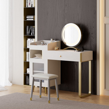 HMR - Modern White Retractable Makeup Vanity Set with Side Cabinet Dressing Table with Light