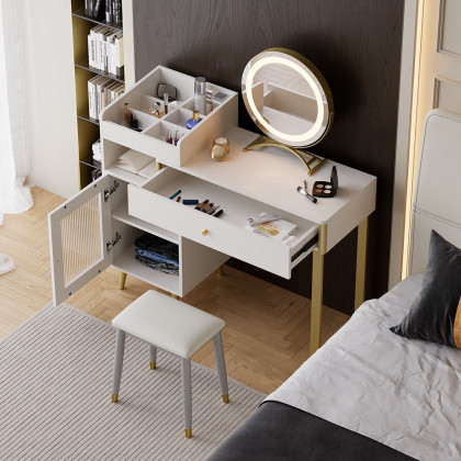 HMR - Modern White Retractable Makeup Vanity Set with Side Cabinet Dressing Table with Light
