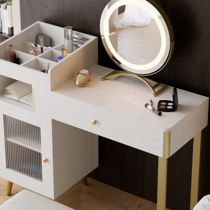 HMR - Modern White Retractable Makeup Vanity Set with Side Cabinet Dressing Table with Light